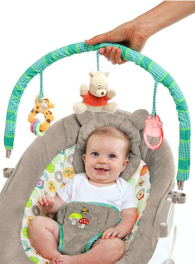 Bright Starts Electric Baby Bouncer Winnie The Pooh Dots & Hunny Pots Bouncer with Music and Vibration Grey for Child up to 9kg