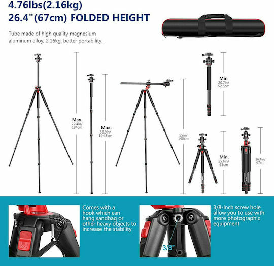 Neewer Camera Tripod 360 Degree Rotatable Center Aluminum With Spherical Head Up To 184cm And Load Capacity 15kg
