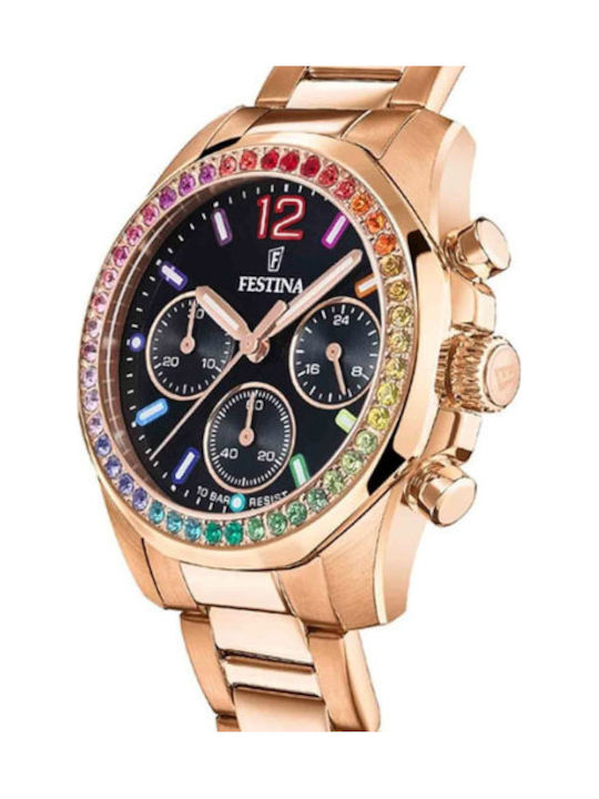 Festina Γυναικείο Ρολόι 38mm Χρονογράφος Μπαταρίας με Ροζ Χρυσό Μεταλλικό Μπρασελέ