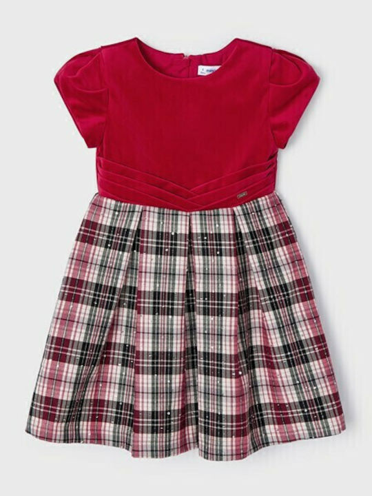 Children's Dress Short Sleeve Velvet Checked Red