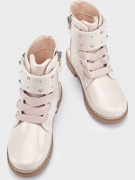 Biker Kids Boots from Patent Leather with Laces Beige