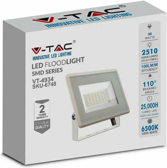 V-TAC F-class Στεγανός Προβολέας LED 30W Ψυχρό Λευκό 6500K IP65