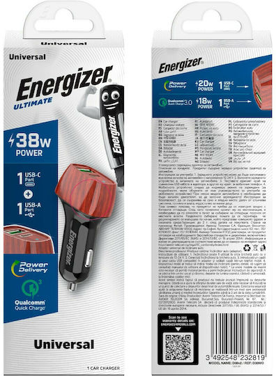 Energizer Energizer Autoladegerät 38W 4A mit Anschlüssen: 1xUSB 1xType-C Braune Farbe