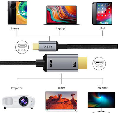 Cabletime Braided Cable HDMI male - USB-C male 3m Black