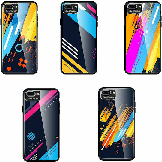 Hurtel Color Glass Pattern 2 Back Cover Πλαστικό Σετ με Τζαμάκι Black/Blue/Yellow (iPhone 7 / 8 / SE 2020 / SE 2022)