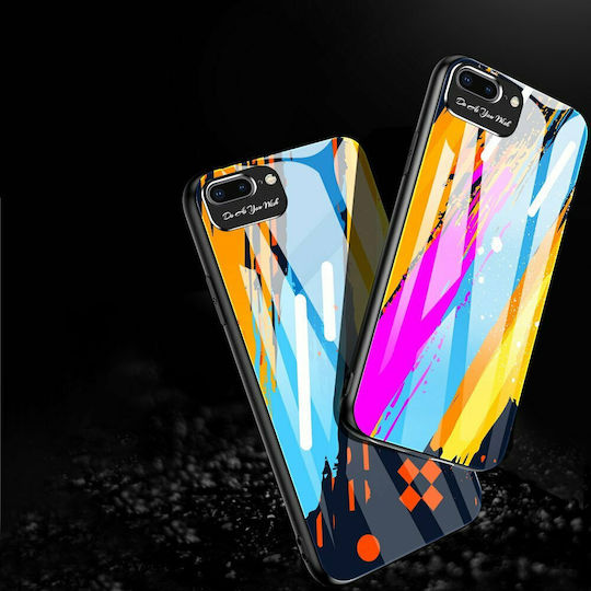 Hurtel Color Glass Pattern 2 Back Cover Πλαστικό Σετ με Τζαμάκι Black/Blue/Yellow (iPhone 7 / 8 / SE 2020 / SE 2022)