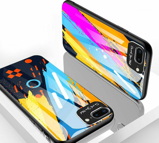 Hurtel Color Glass Pattern 2 Back Cover Πλαστικό Σετ με Τζαμάκι Black/Blue/Yellow (iPhone 7 / 8 / SE 2020 / SE 2022)