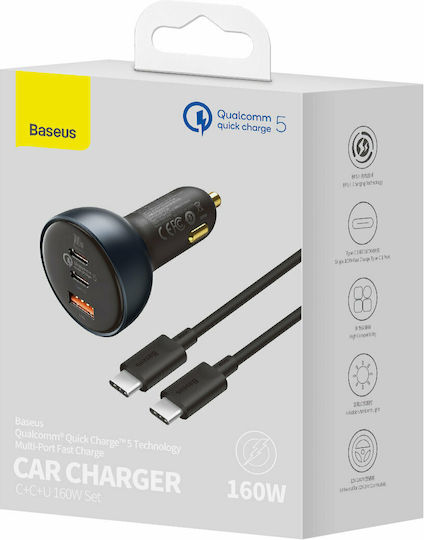 Baseus Φορτιστής Αυτοκινήτου 160W Γρήγορης Φόρτισης με Θύρες: 1xUSB 2xType-C μαζί με Καλώδιο Type-C Γκρι Χρώμα