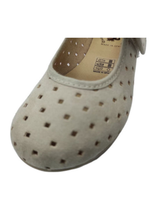 Kids Leather Ballerinas with Hoop & Loop Closure Beige
