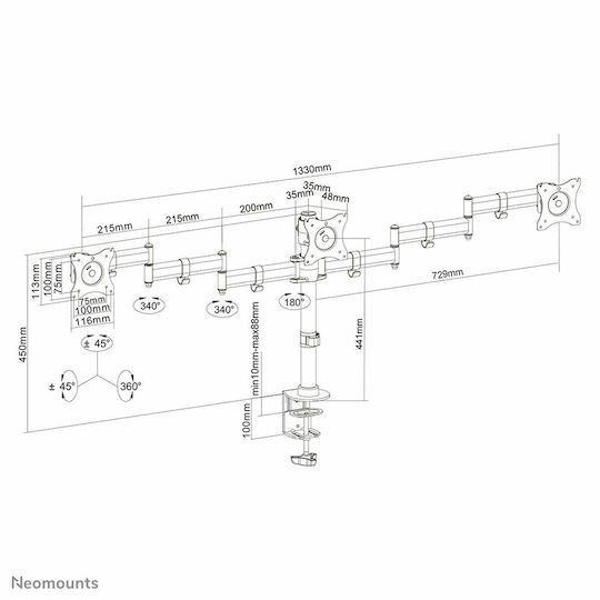 Neomounts Halterung Auf dem Schreibtisch für 3 Monitore bis 27" mit Arm (NM-D135D3BLACK)