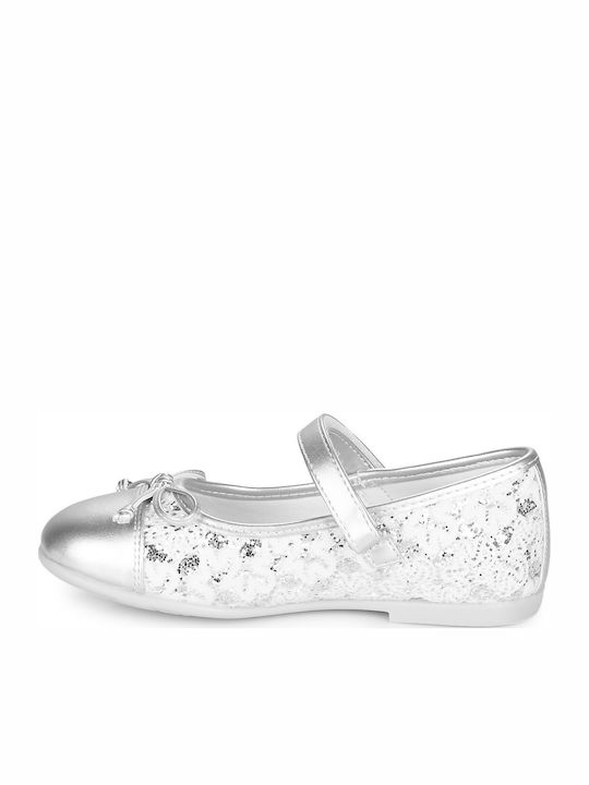 Kids Leather Ballerinas Cleliana with Hoop & Loop Closure Silver