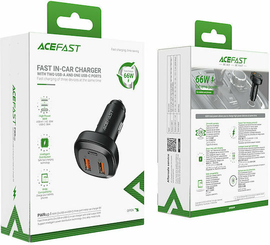 Acefast B9 Автомобилен Зарядно Устройство 66W 4A Бързо Зареждане с Портове 2xUSB 1xType-C Черен Цвят