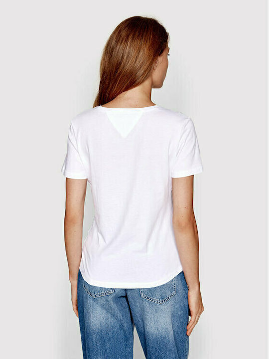 Tommy Hilfiger Damen T-Shirt mit V-Ausschnitt Weiß