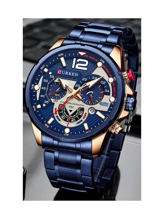 Curren Watch Chronograph Battery with Blue Metal Bracelet