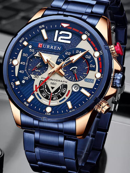 Curren Men's Watch 47mm Chronograph Battery with Blue Metal Bracelet