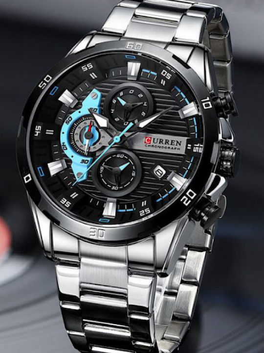 Curren Men's Watch 47mm Chronograph Battery with Silver Metal Bracelet