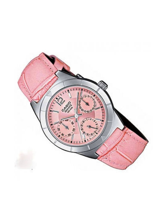 Casio Chronograph Watch with Leather Strap Pink