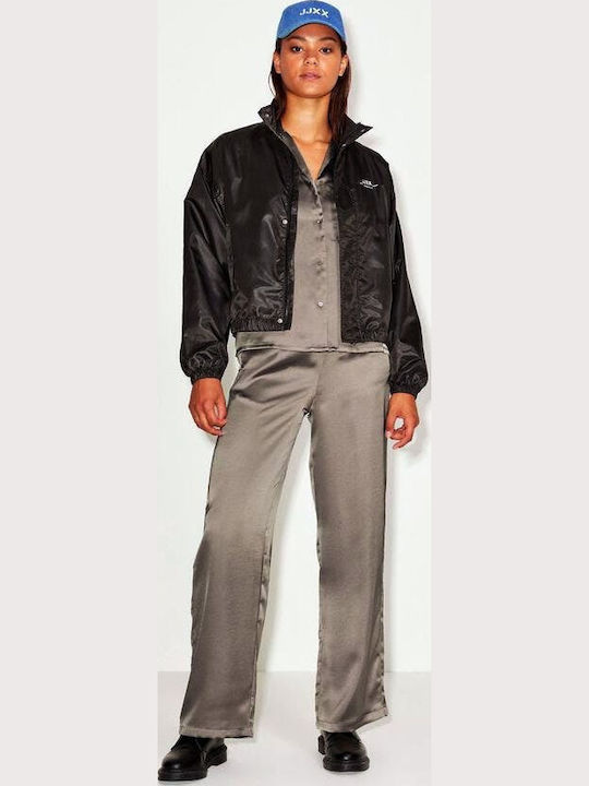 Langärmelig Damen Satin,σατεν Hemd Khaki Monochrom