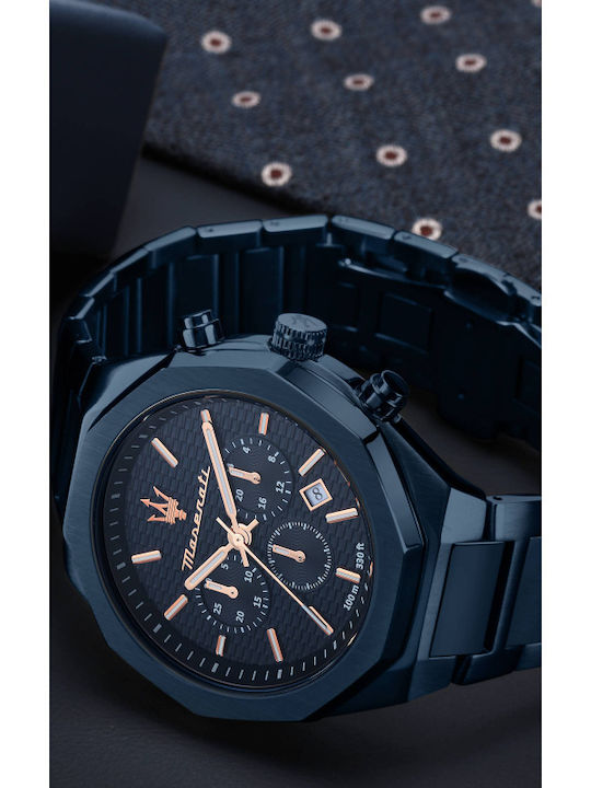Maserati Stile Herrenuhr 45mm Chronograph Batterie mit Blau Metallarmband