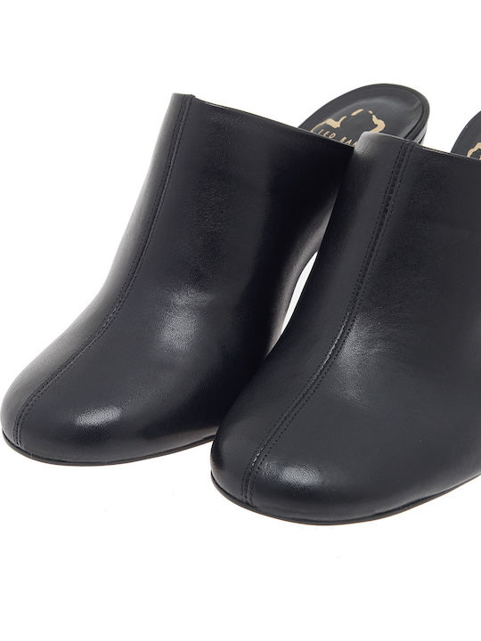 Leather Mules with Chunky High Heel in Black Color