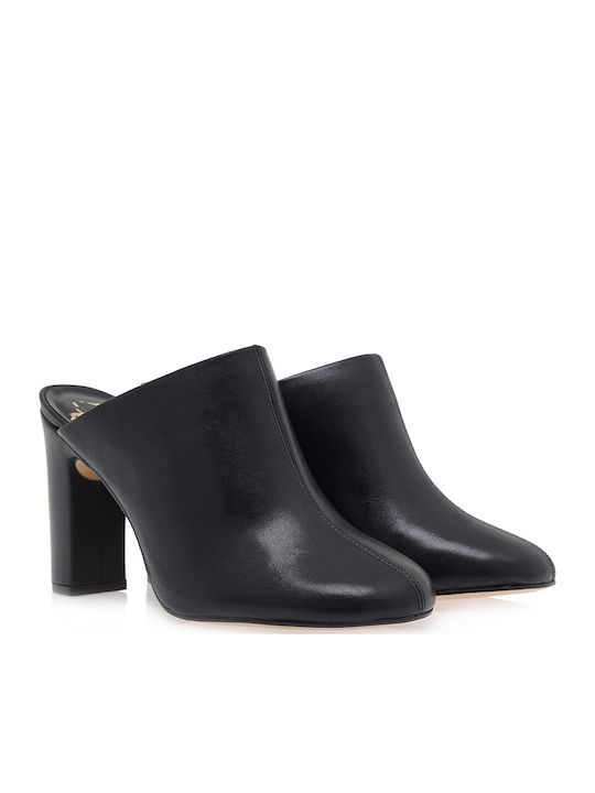 Leather Mules with Chunky High Heel in Black Color