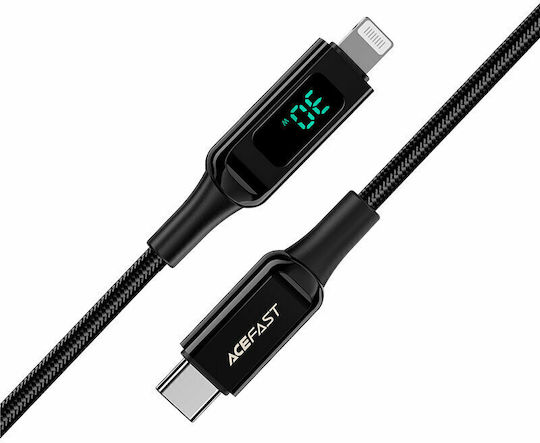 Acefast C6-01 LED / Плетена USB-C към Lightning кабел 30W Черен 1.2м