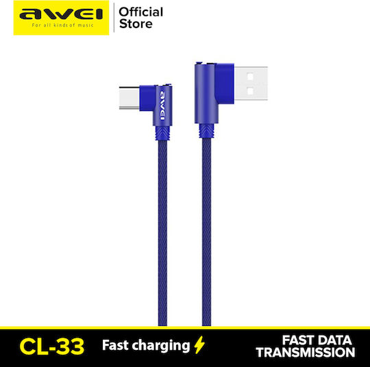 Awei CL-33 Winkel (90°) Reguläres USB 2.0 Kabel USB Typ-C männlich - USB-A Blaue 1,2 m