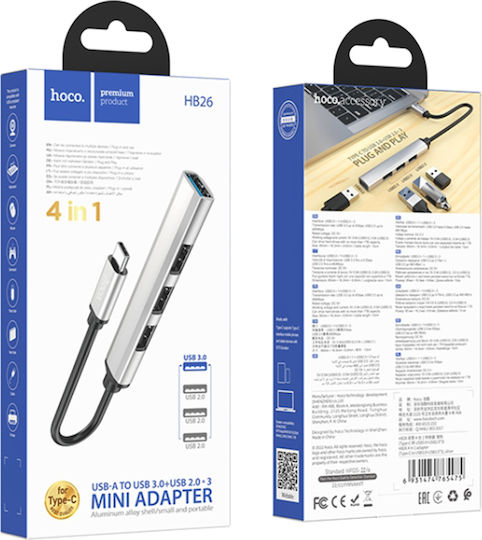 Hoco HB26 USB-Hub mit 3 Anschlüssen USB 3.0 und USB-C Anschluss Silber