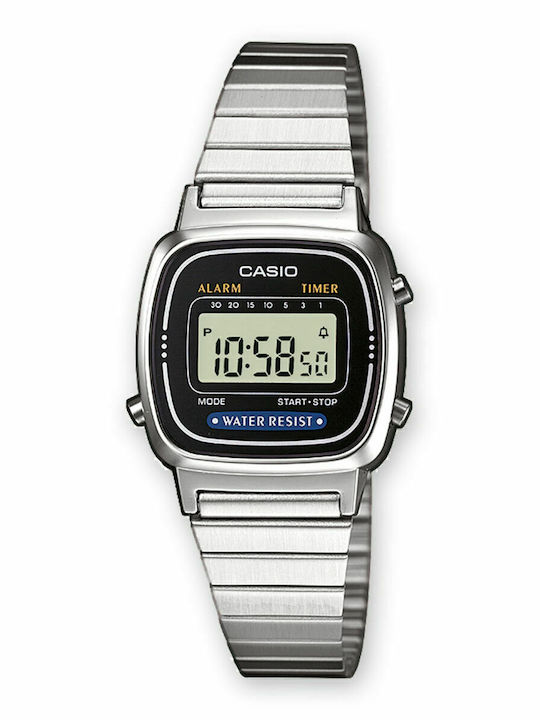 Casio Vintage Ψηφιακό Γυναικείο Ρολόι 24mm Χρονογράφος Μπαταρίας με Ασημί Μεταλλικό Μπρασελέ