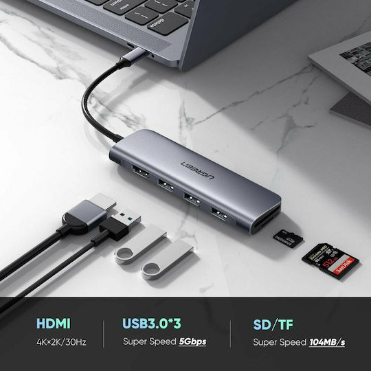 Ugreen USB-C Docking Station με HDMI 4K Ethernet Ασημί (70410)