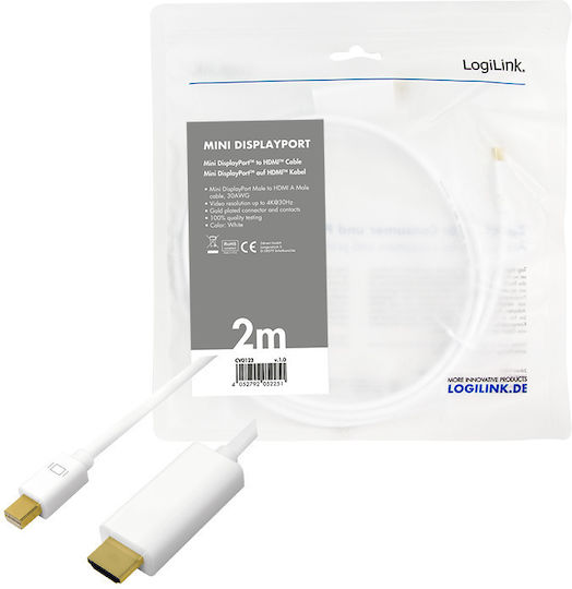 LogiLink Cable mini DisplayPort male - HDMI male 2m Λευκό (CV0123)