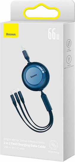 Baseus Bright Mirror 2 Retractable USB to Lightning / Type-C / micro USB Cable Μπλε 1.1m (CAMJ010103)