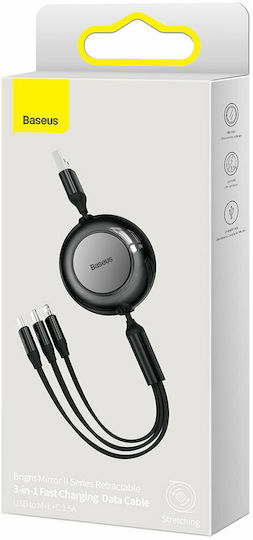 Baseus Bright Mirror 2 Flat / Retractable USB to Type-C / micro USB / Lightning Cable 3.5A Μαύρο 1.1m (CAMJ010001)