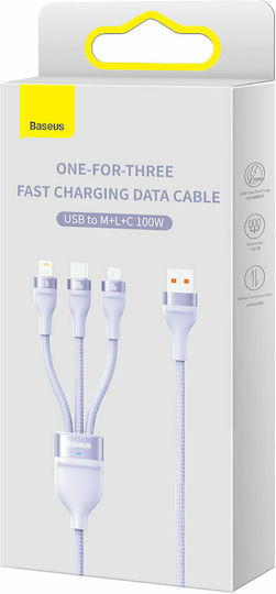 Baseus Flash Series Braided USB to micro USB / Type-C / Lightning Cable Μωβ 1.2m (CASS030005)