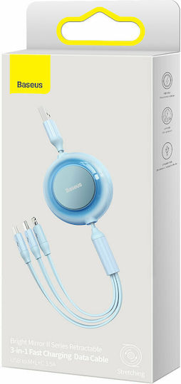 Baseus Bright Mirror 2 Flat / Extensibil Cablu USB la Lightning / Type-C / micro USB cu mai multe porturi 3.5A Albastru 1.1m (CAMJ010017)