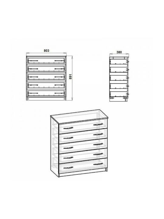 Penelope Wooden Chest of Drawers with 5 Drawers White 80.5x38x89cm