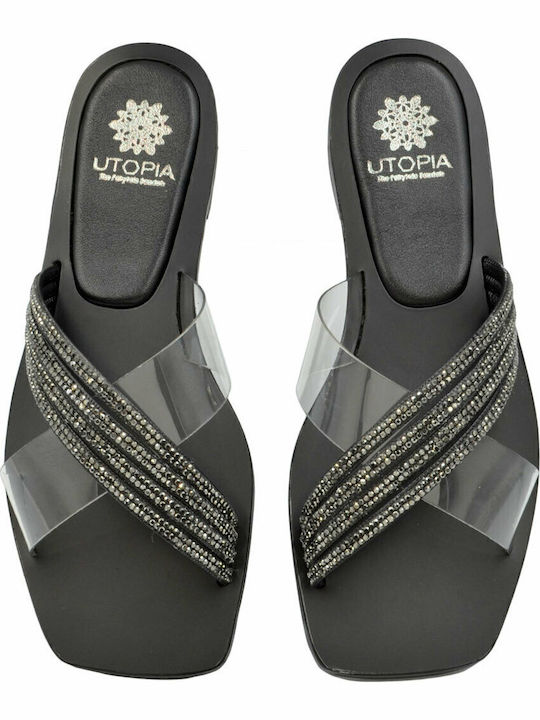 Leather Women's Flat Sandals in Black Color
