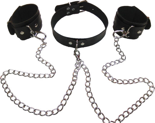 Neck & Limb Restraint Set BDSM Leather Binding Set with 3cm Collar & Handcuffs