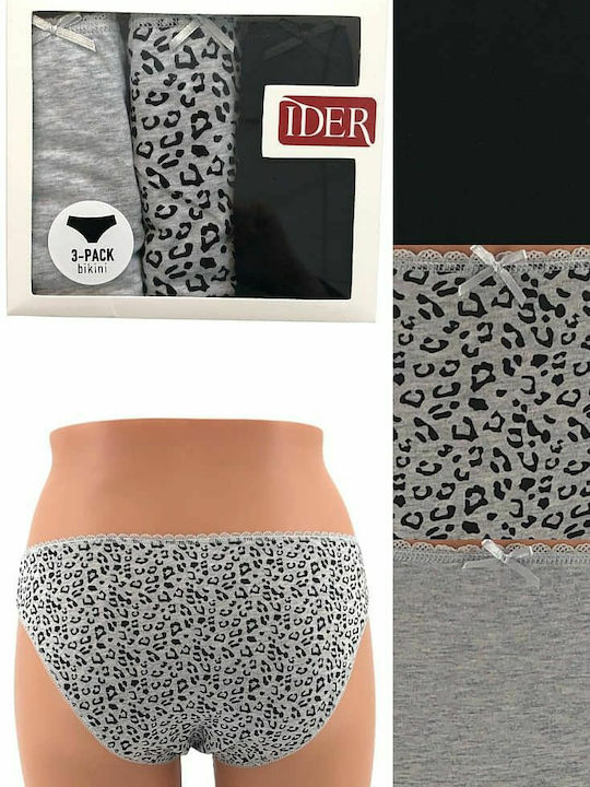 IDER Baumwolle Damen Slip 3Pack Black/Animal/Grey Melange