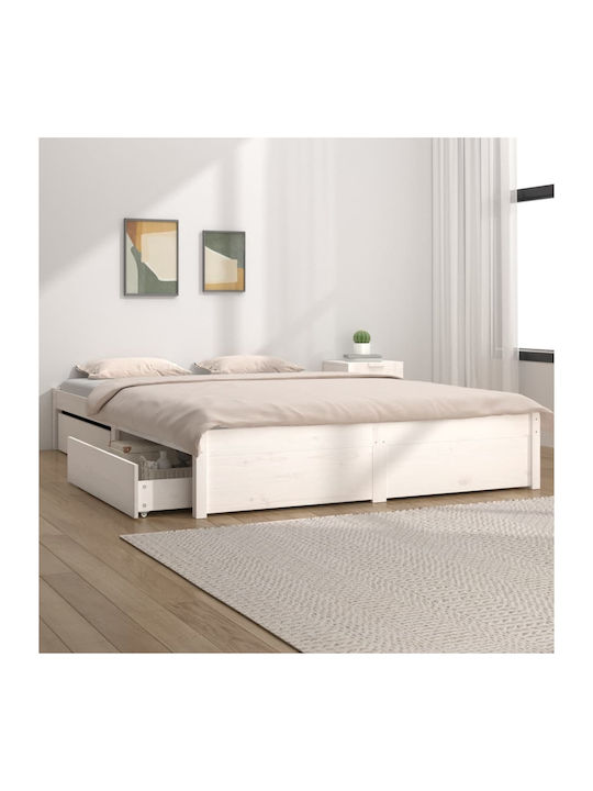 4FT6 Κρεβάτι Διπλό από Μασίφ Ξύλο Λευκό με Συρτάρια & Τάβλες 135x190cm