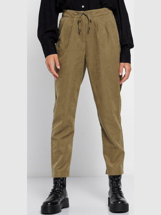 Women's Fabric Trousers with Elastic Regular Fit Deep Forest