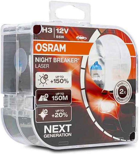 Osram Lamps Car Night Breaker Laser +150% H3 Halogen 3450K Warm White 12V 55W 2pcs