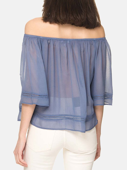 Glamorous \ Damen Sommer Bluse Schulterfrei mit 3/4 Ärmel Gestreift Blau