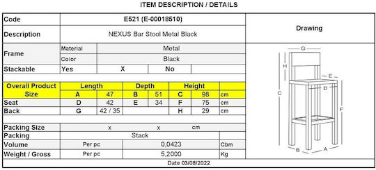 Metalic Scaun Rafturi și dulapuri pentru vin de Grădină Nexus Negru 1buc 47x51x98cm
