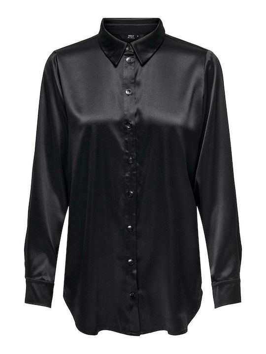Langärmeliges Damenhemden Satin Piquée Schwarz