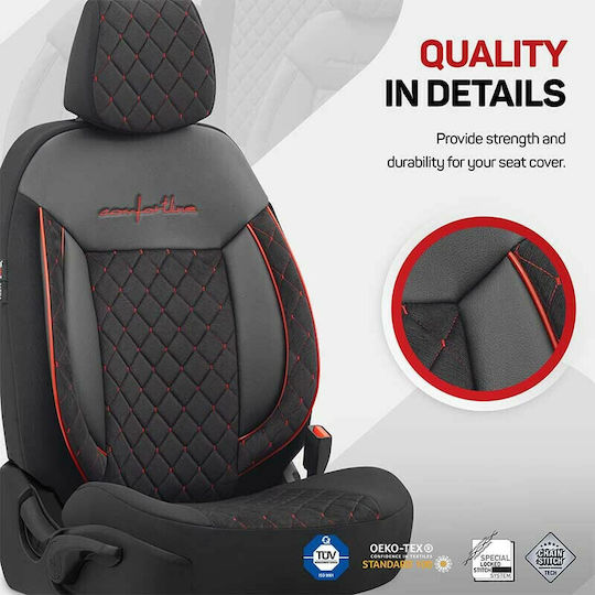 Otom Σετ Καλύμματα Αυτοκινήτου 11τμχ Δερματίνη Comfortline VIP Design Μαύρα/Κόκκινα