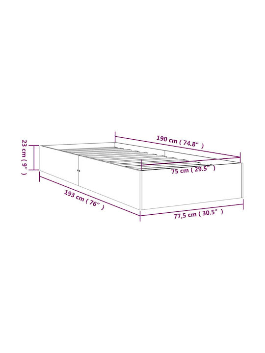 Single Wooden White Bed with Slats for Mattress 75x190cm