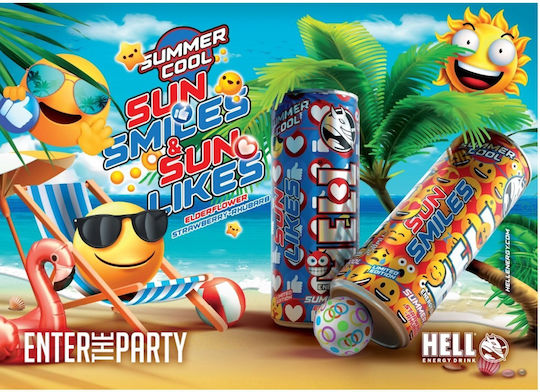 Hell Summer Cool Sun Smiles Energy-Drink Erdbeere & Rhabarber mit Kohlensäure in Kiste 250ml