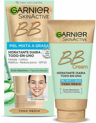 Garnier Skinactive Perfecting Care All in 1 BB крем Среден 24h Хидратираща Крем За лице Ден с SPF25 за Чувствителни Кожи с Хиалуронова киселина & Алое Вера 50мл