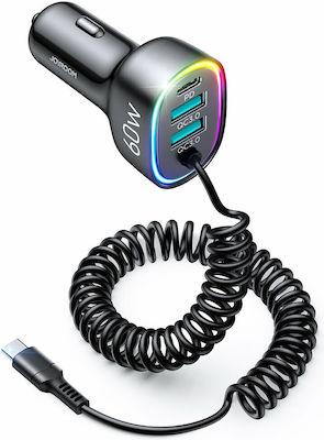 Joyroom Car Charger Black Fast Charging with Ports: 2xUSB 1xType-C with Cable Type-C